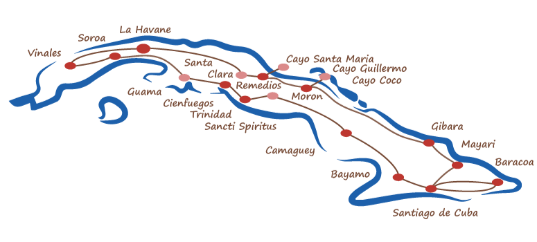 carte circuit grand tour de Cuba par voyage chez l'habitant à Cuba